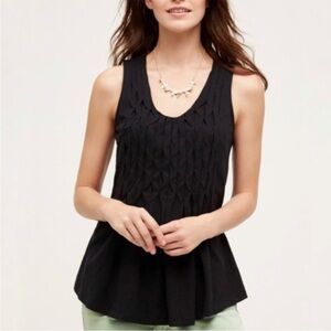 Anthropologie Deletta Diamond Smocked Front Peplum Back Top | Black | XS
